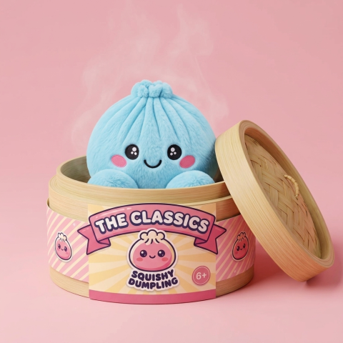 Sky Blue Dumpling Squishy Plush in its bamboo steamer box
