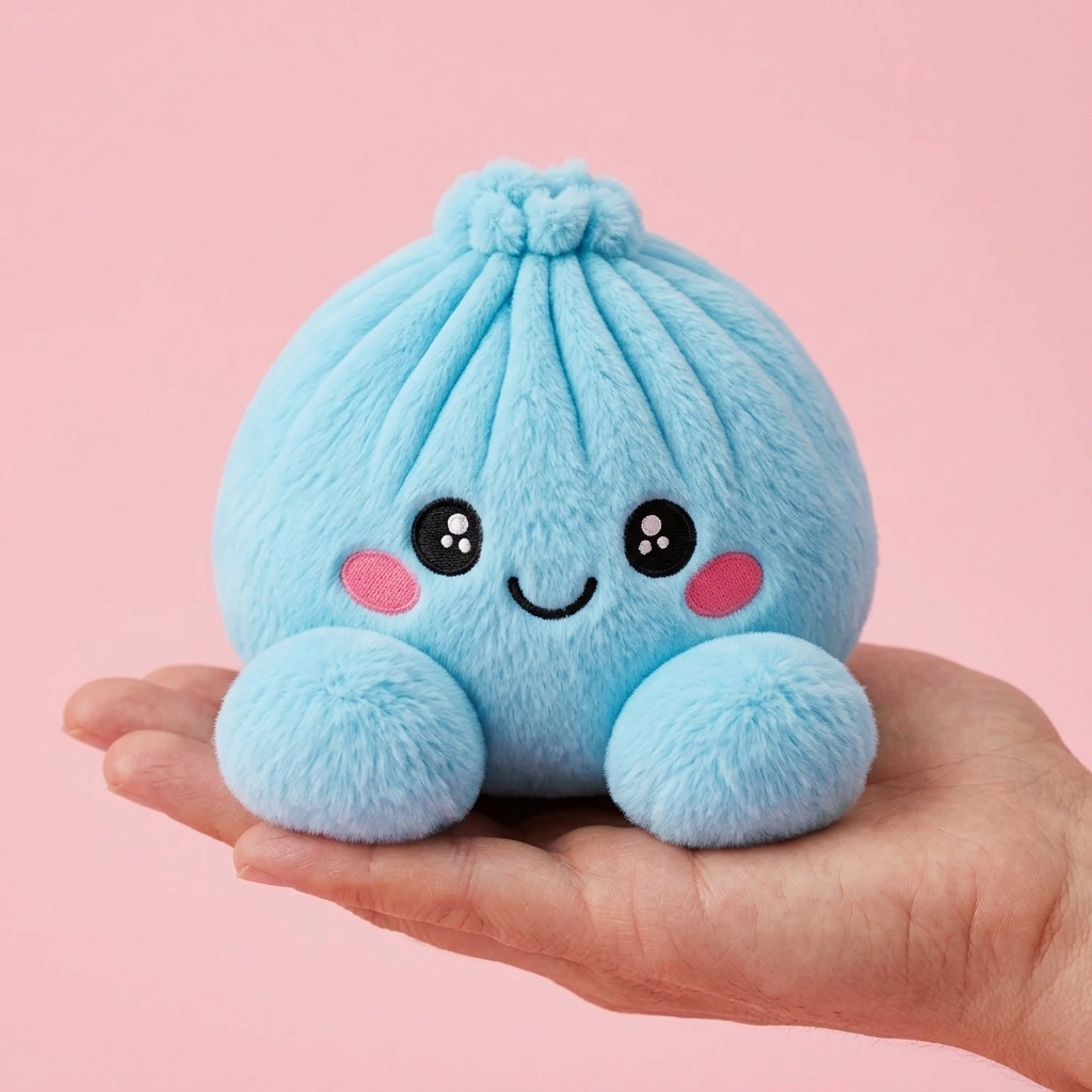 Sky Blue Dumpling Squishy Plush held in hand, actual size