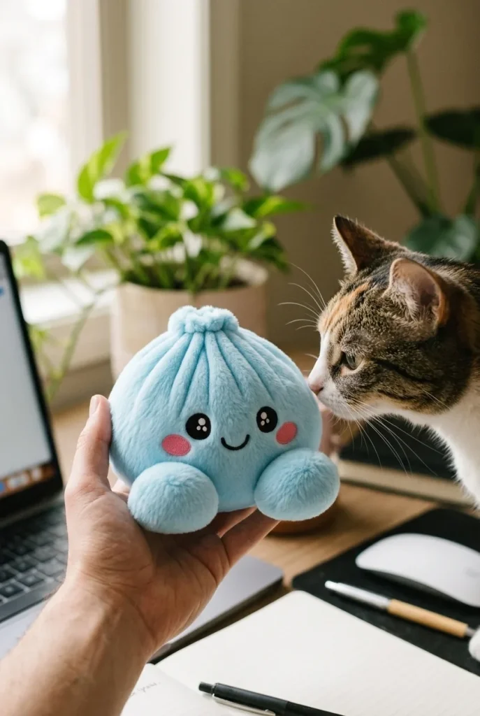 Sky Blue Dumpling Squishy Plush with a plush friend