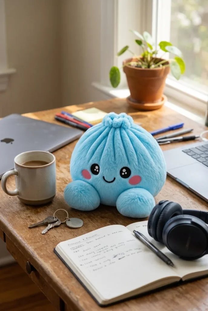 Sky Blue Dumpling Squishy Plush on the desk