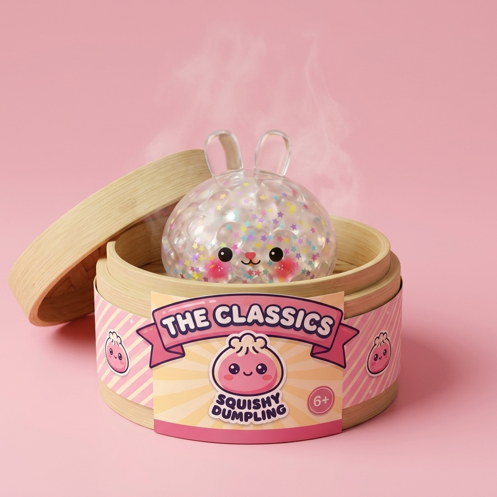 Bunny Bubble Dumpling Squishy in its bamboo steamer box