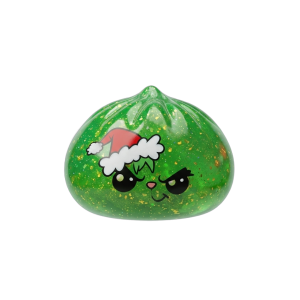 Green Glitter Grumpy Christmas Dumpling Squishy being squeezed, soft slow-rise foam