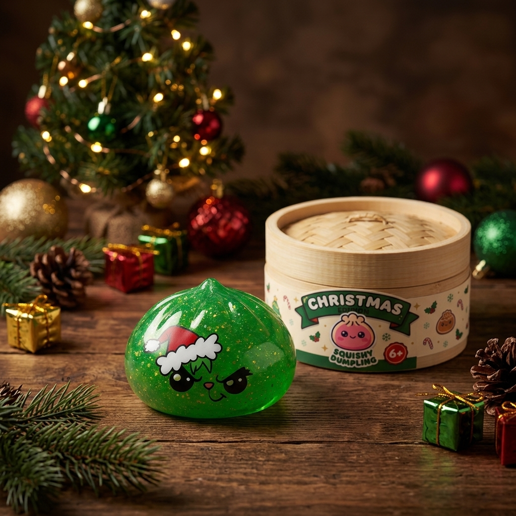 Green Glitter Grumpy Christmas Dumpling Squishy in its kawaii setting