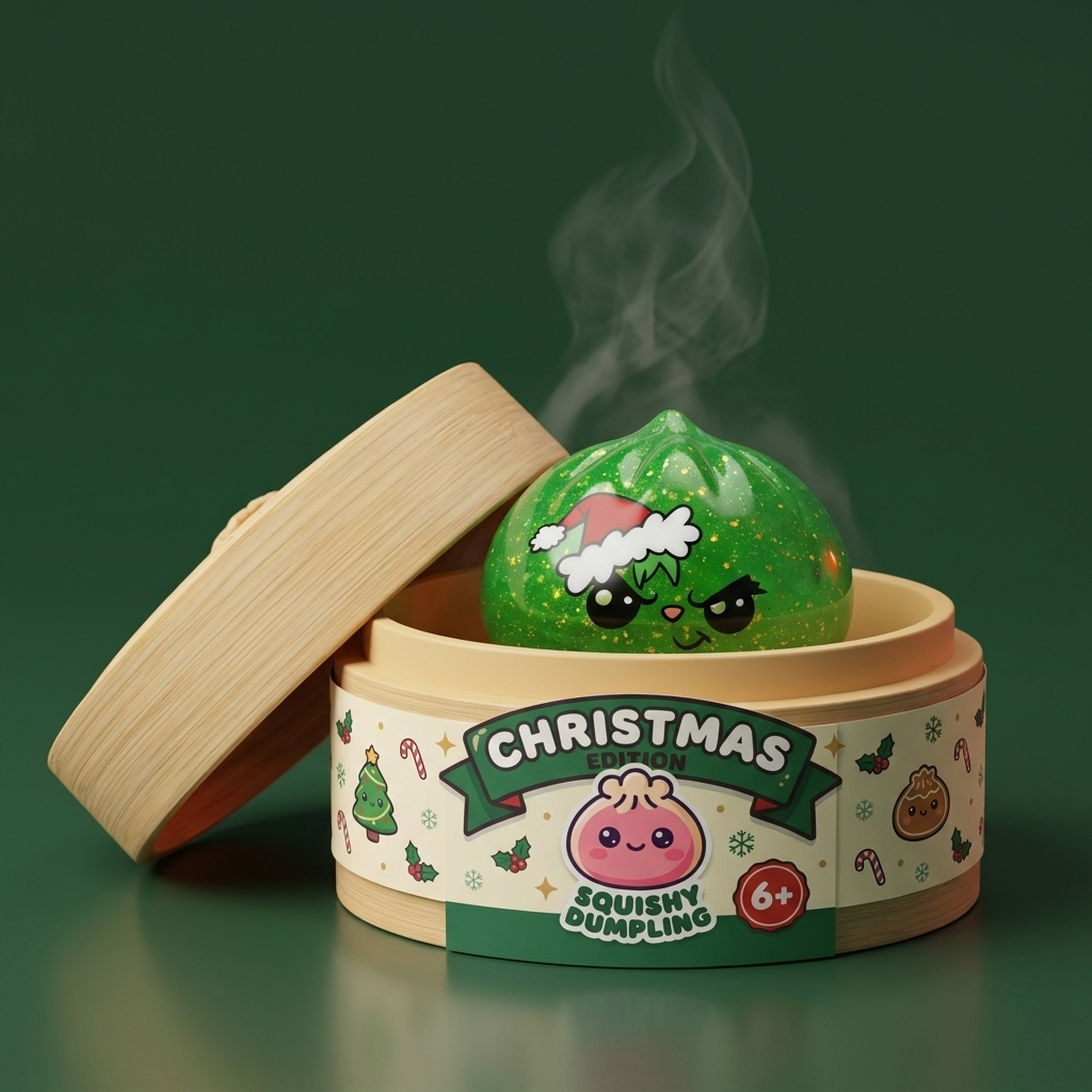 Green Glitter Grumpy Christmas Dumpling Squishy in its bamboo steamer box