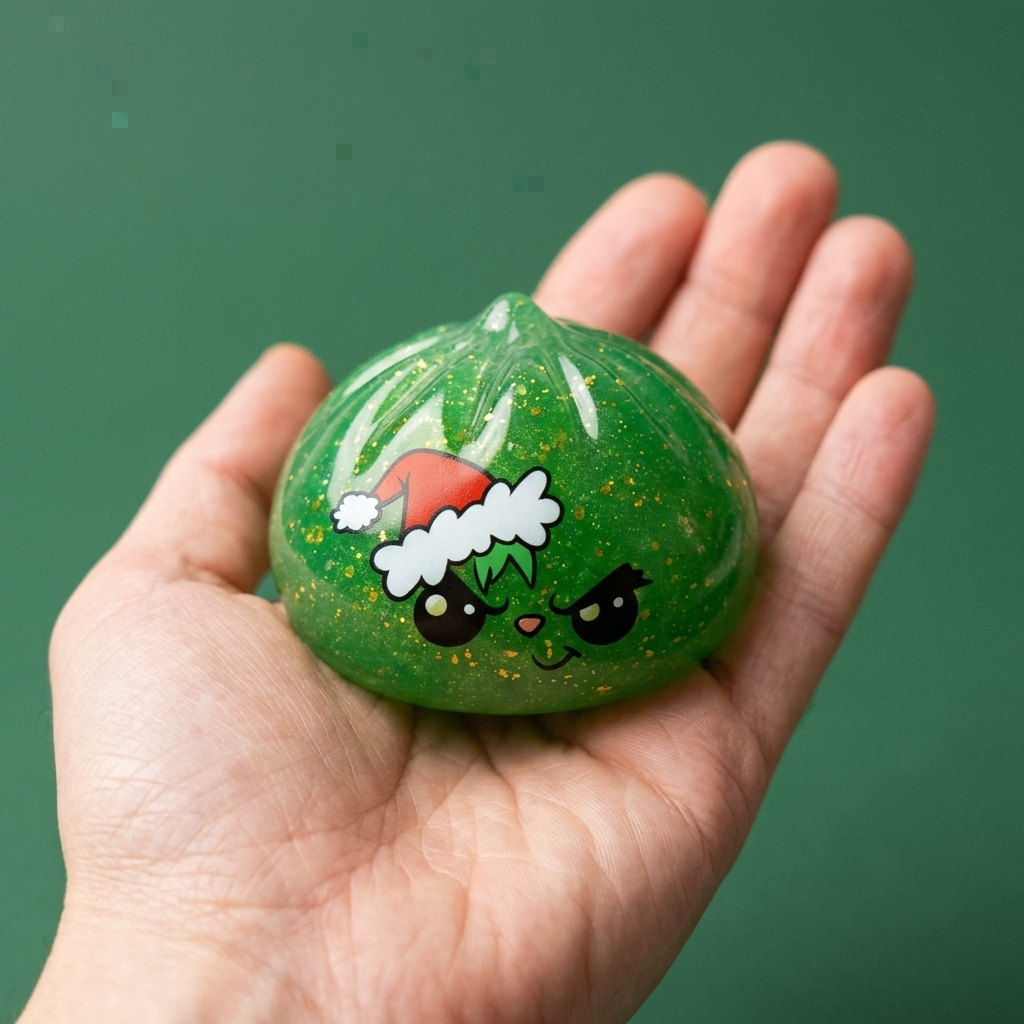 Green Glitter Grumpy Christmas Dumpling Squishy held in hand, actual size