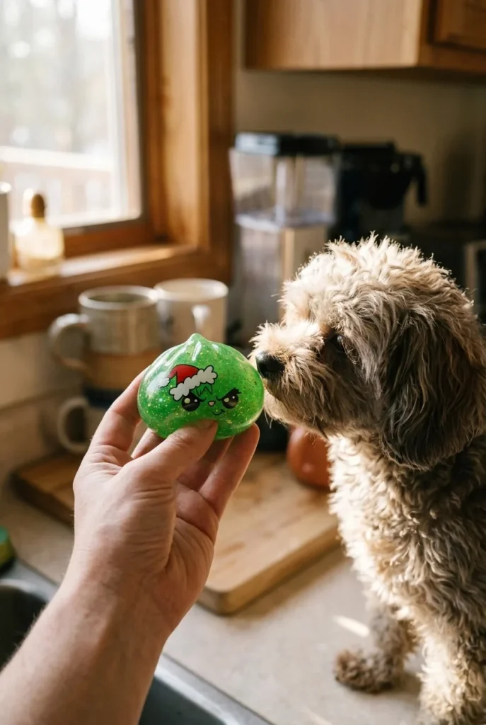 Green Glitter Grumpy Christmas Dumpling Squishy with a plush friend