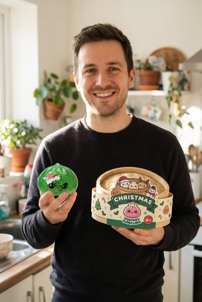 Green Glitter Grumpy Christmas Dumpling Squishy with its box