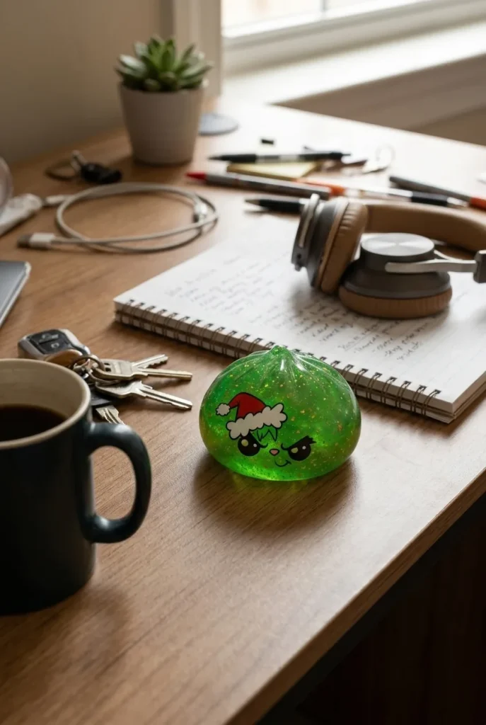 Green Glitter Grumpy Christmas Dumpling Squishy on the desk