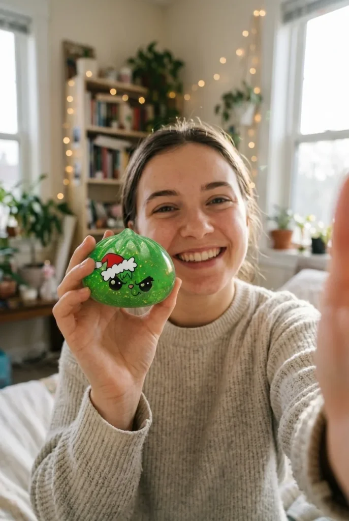 Green Glitter Grumpy Christmas Dumpling Squishy in everyday life