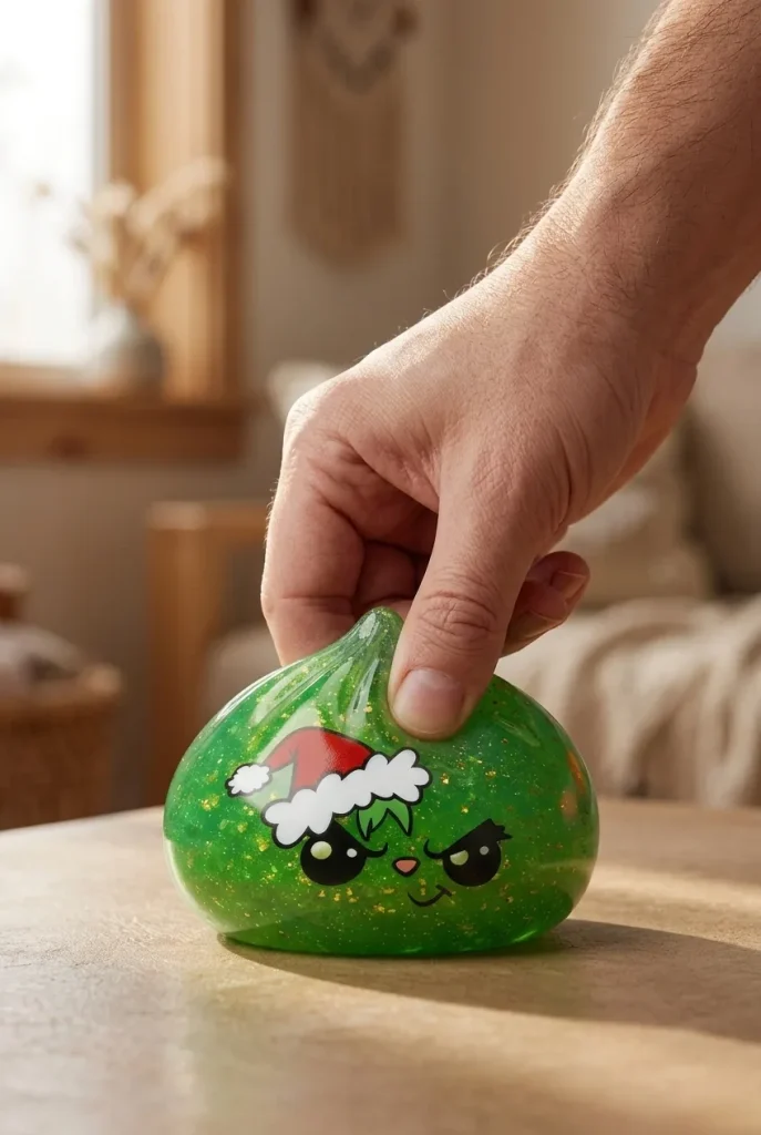 Green Glitter Grumpy Christmas Dumpling Squishy mid-squish