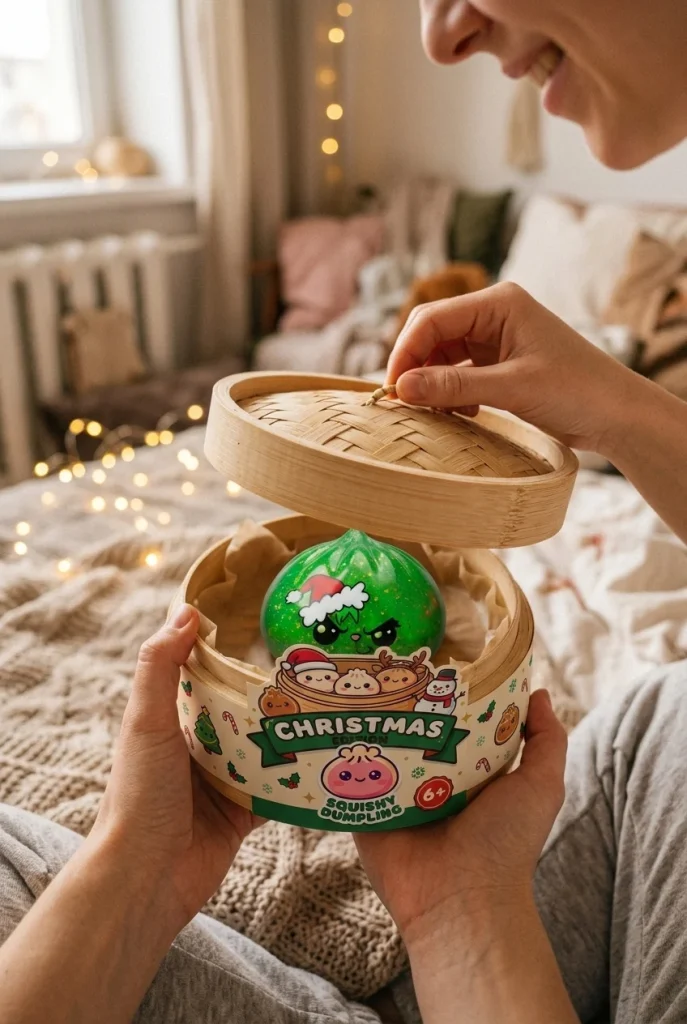 Green Glitter Grumpy Christmas Dumpling Squishy unboxing moment