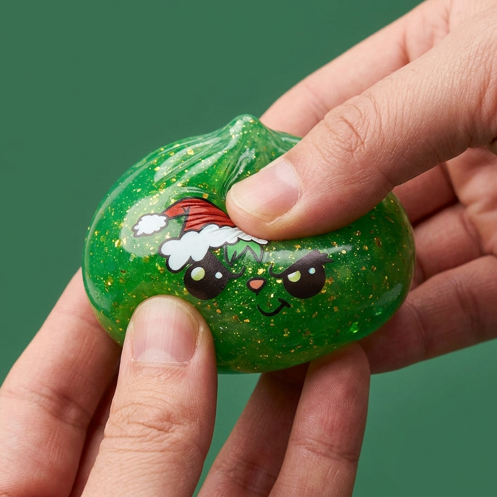 Green Glitter Grumpy Christmas Dumpling Squishy — slow-rise effect, the foam springs back slowly