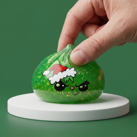 Green Glitter Grumpy Christmas Dumpling Squishy being squeezed, soft slow-rise foam