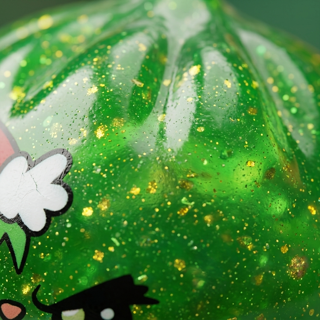 Green Glitter Grumpy Christmas Dumpling Squishy — close-up of the texture