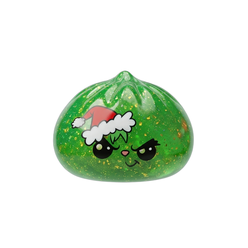 Green Glitter Grumpy Christmas Dumpling Squishy being squeezed, soft slow-rise foam