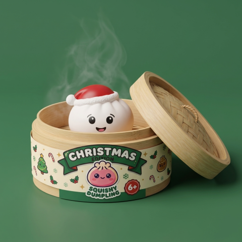 Christmas Hat Dumpling Squishy Set of 4 in its bamboo steamer box