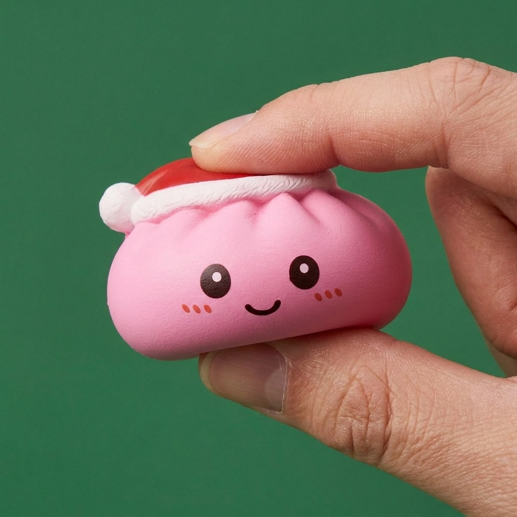 Christmas Hat Dumpling Squishy Set of 4 being squeezed, soft slow-rise foam