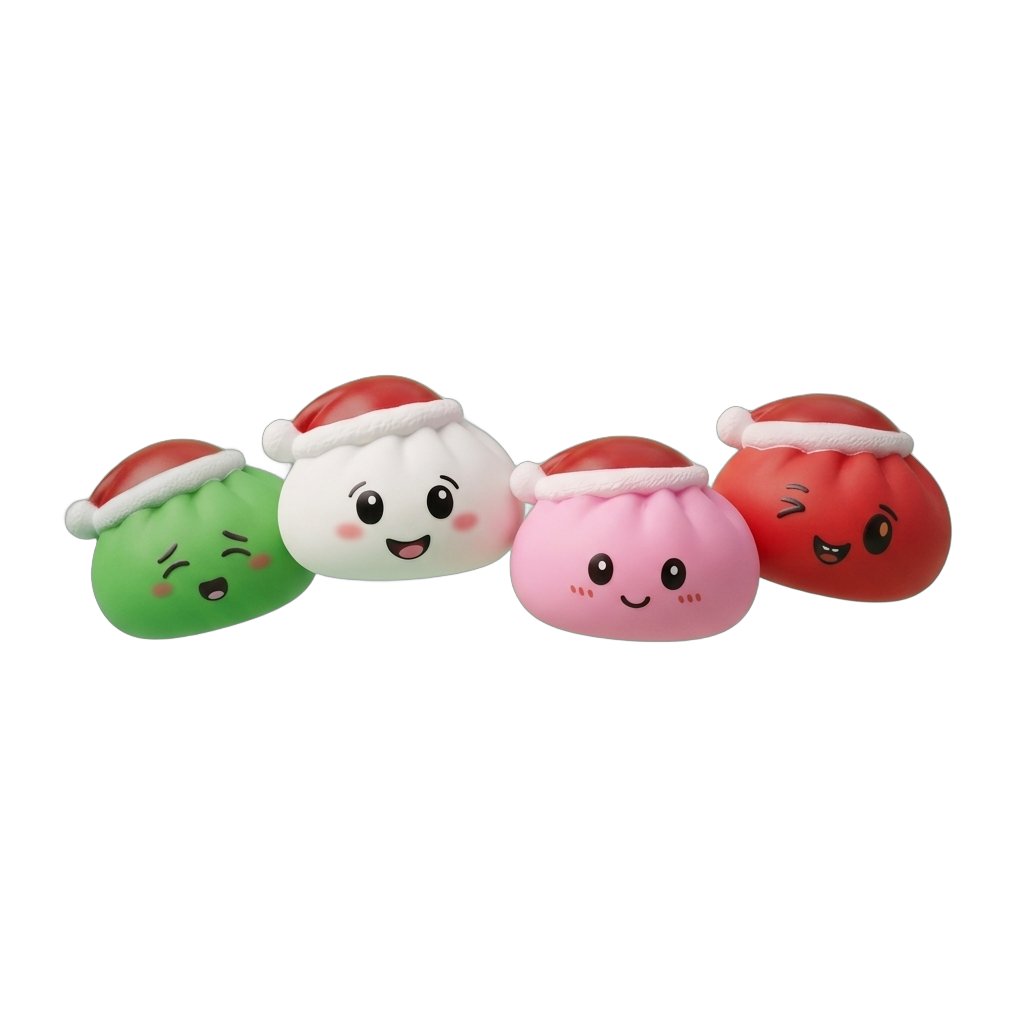 Christmas Hat Dumpling Squishy Set of 4 being squeezed, soft slow-rise foam