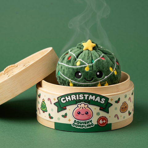 Twinkly Christmas Tree Dumpling Squishy in its bamboo steamer box