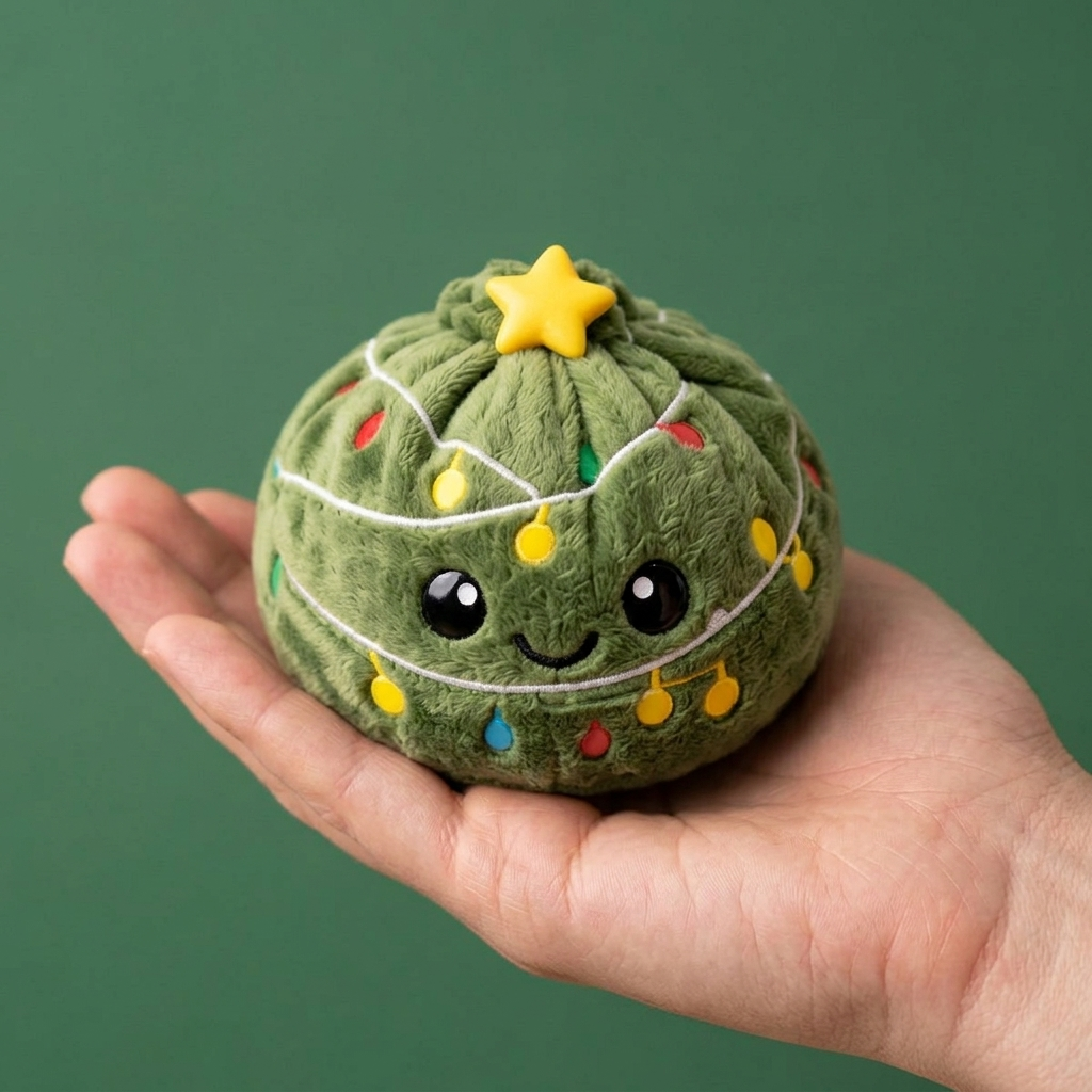 Twinkly Christmas Tree Dumpling Squishy held in hand, actual size