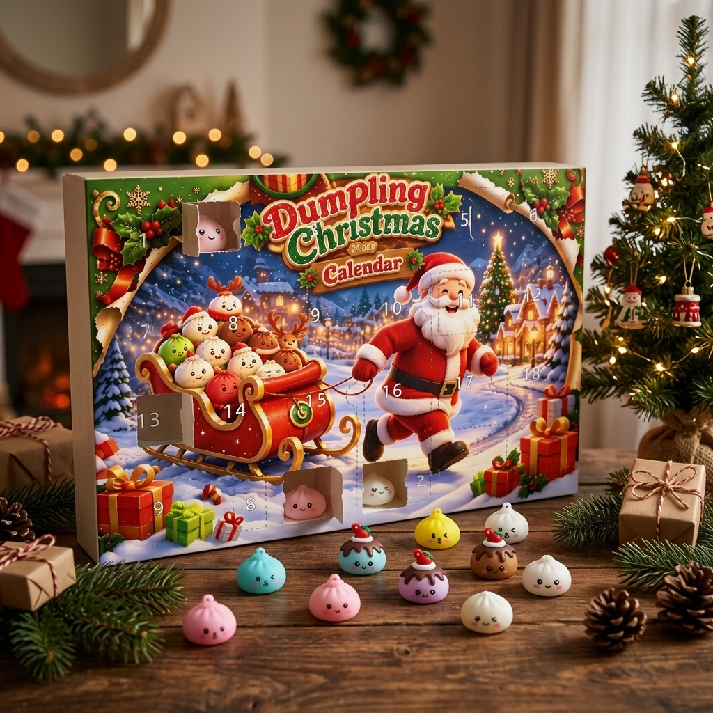 Santa Sleigh Dumpling Squishy Advent Calendar 24 Pieces in its kawaii setting
