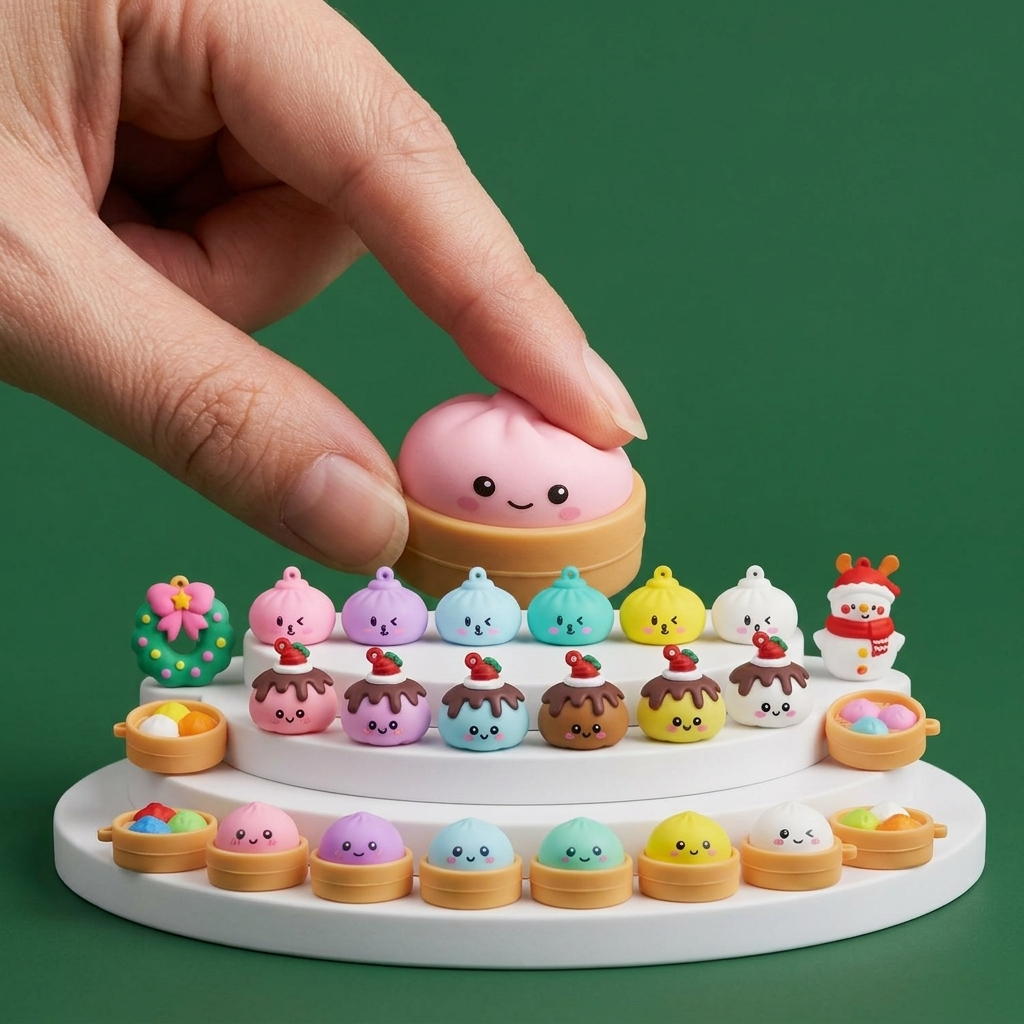Santa Sleigh Dumpling Squishy Advent Calendar 24 Pieces being squeezed, soft slow-rise foam