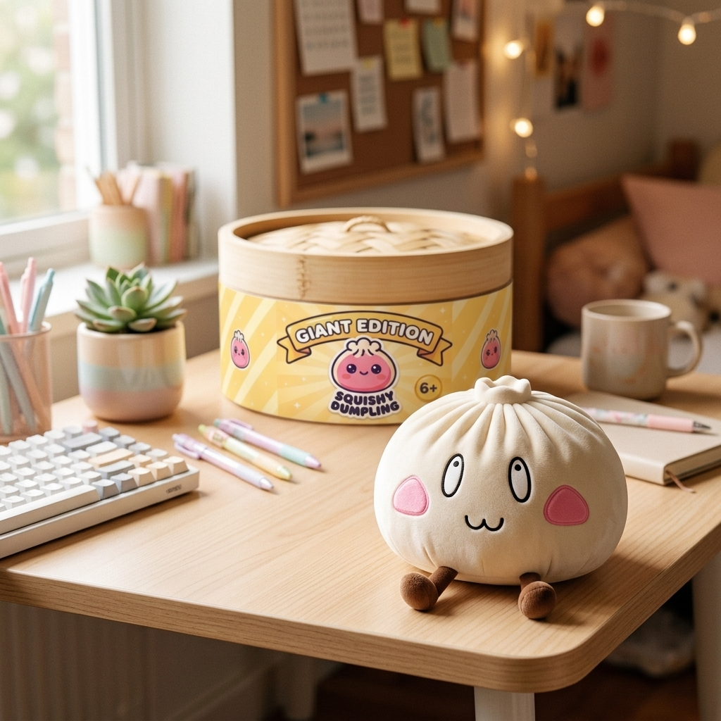 Giant Happy Face Dumpling Squishy in its kawaii setting