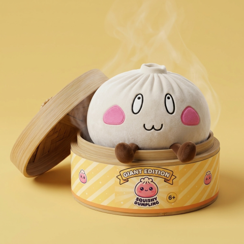 Giant Happy Face Dumpling Squishy in its bamboo steamer box