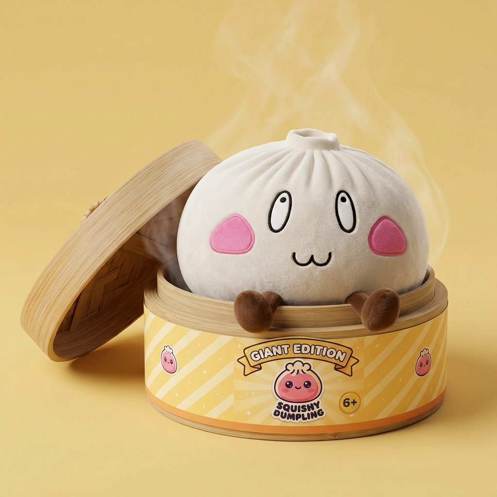 Giant Happy Face Dumpling Squishy in its bamboo steamer box