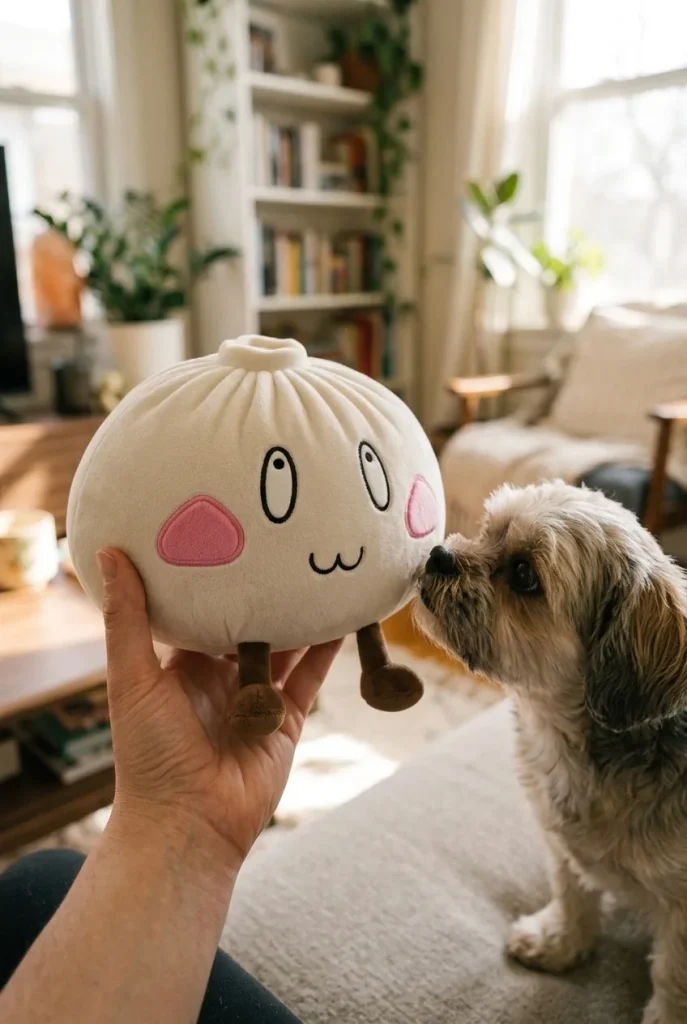 Giant Happy Face Dumpling Squishy with a plush friend