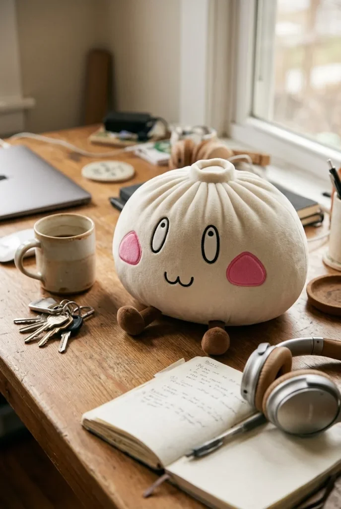 Giant Happy Face Dumpling Squishy on the desk