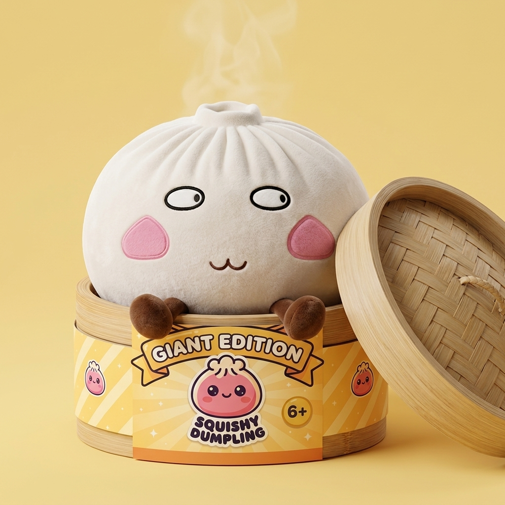 Giant Proud Dumpling Squishy in its bamboo steamer box
