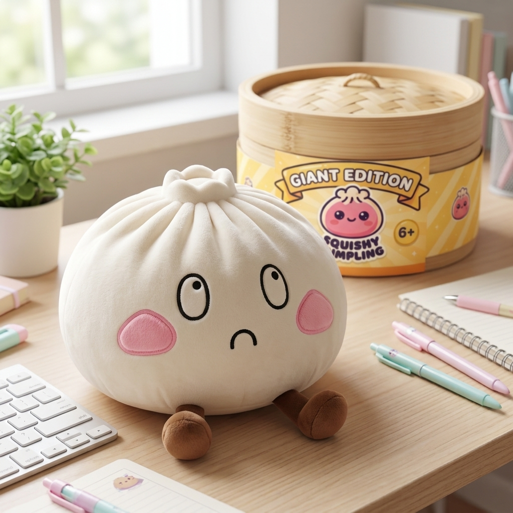 Giant Sad Face Dumpling Squishy in its kawaii setting