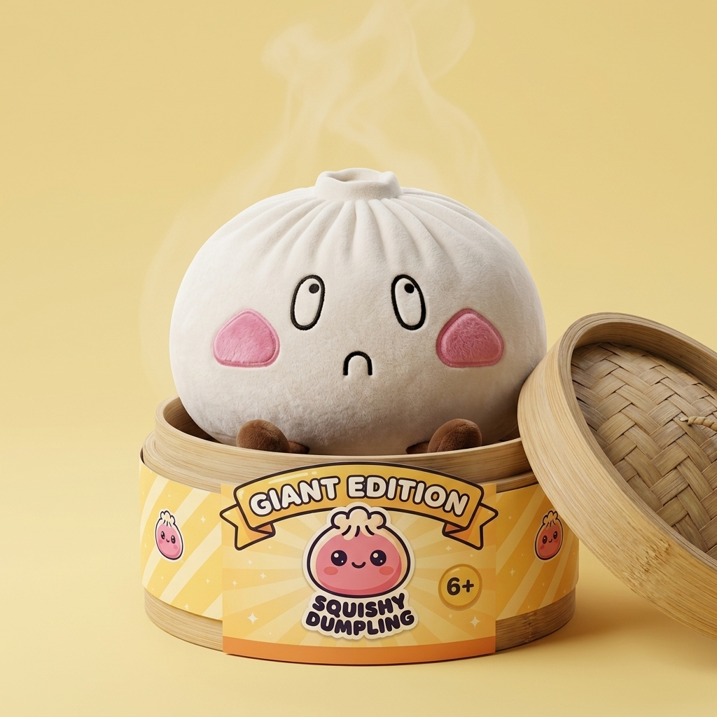 Giant Sad Face Dumpling Squishy in its bamboo steamer box
