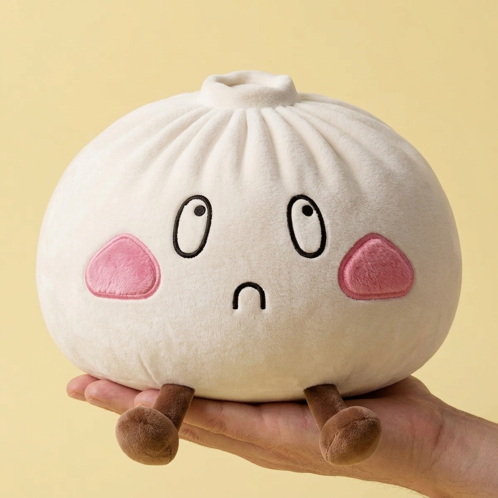 Giant Sad Face Dumpling Squishy held in hand, actual size
