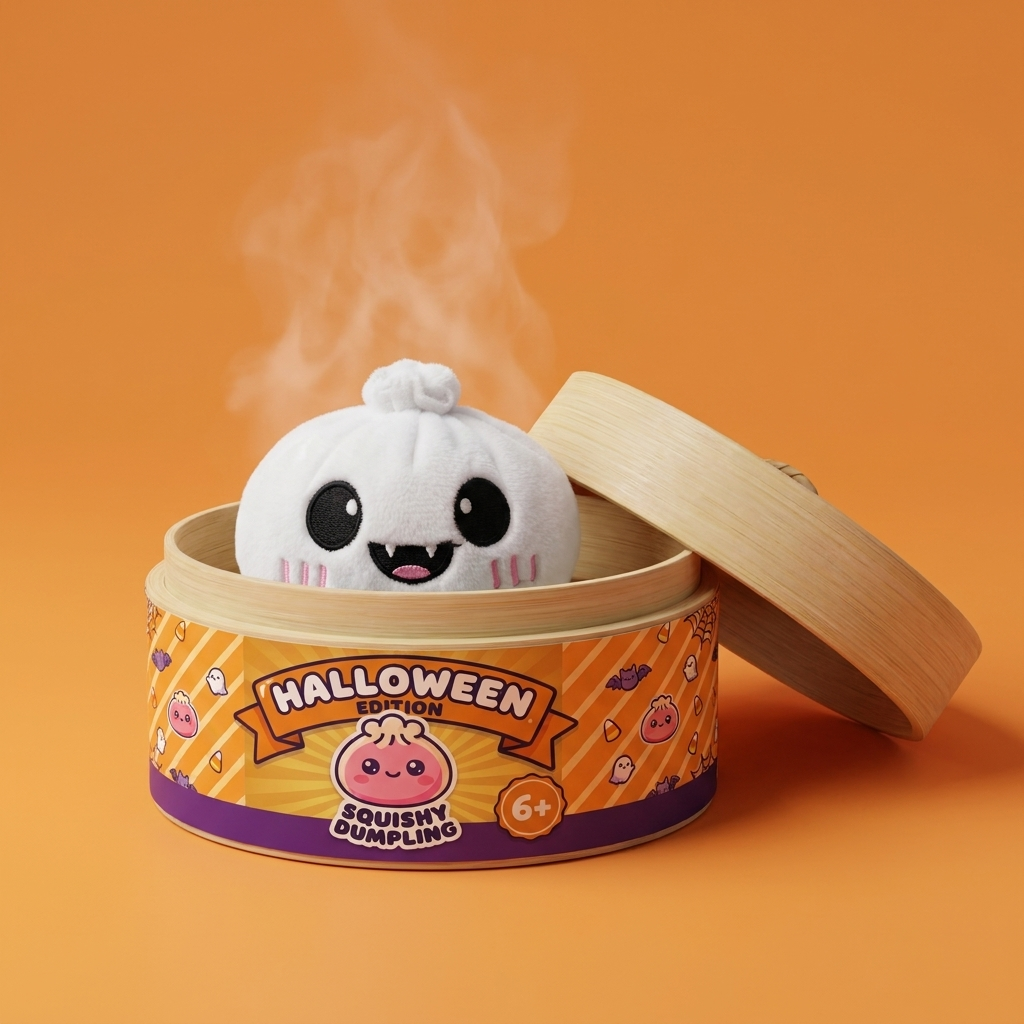 Moonlit Ghost Halloween Dumpling Squishy in its bamboo steamer box