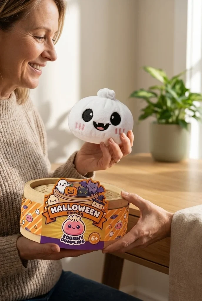 Moonlit Ghost Halloween Dumpling Squishy with its box