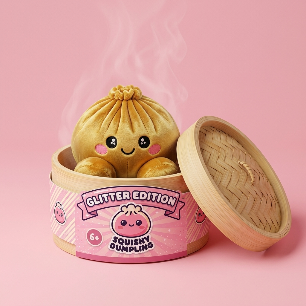 Royal Gold Dumpling Squishy in its bamboo steamer box