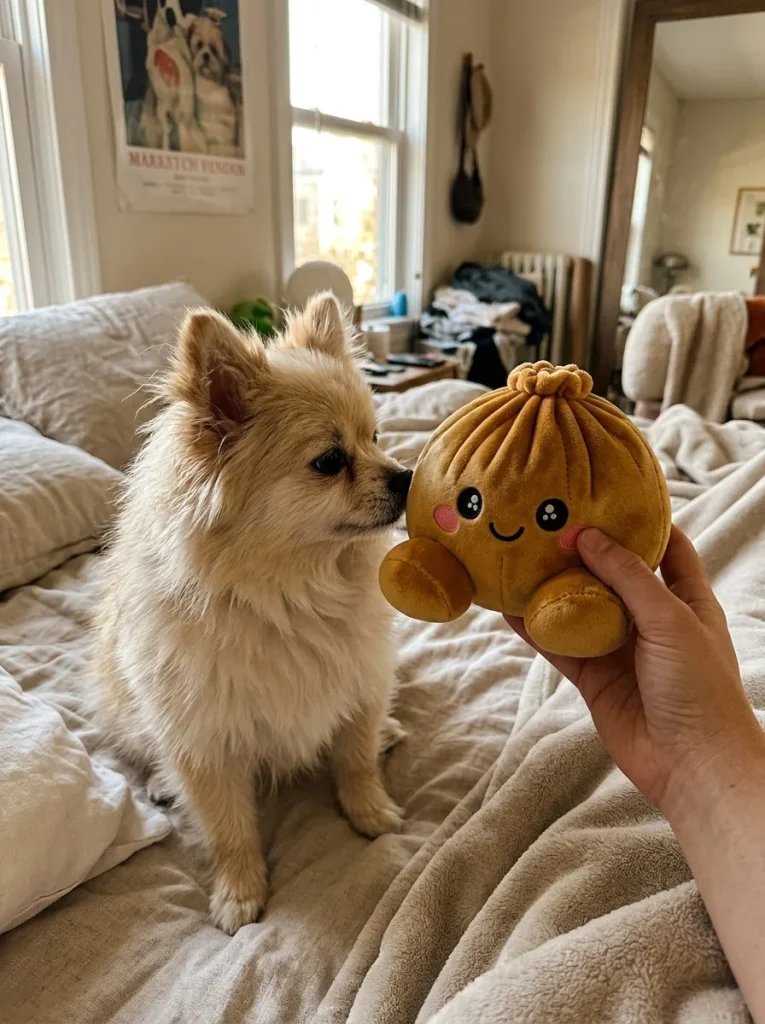 Royal Gold Dumpling Squishy with a plush friend