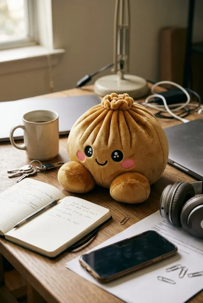 Royal Gold Dumpling Squishy on the desk