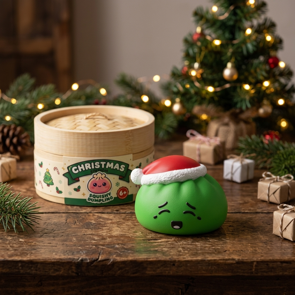 Elf Green Christmas Hat Dumpling Squishy in its kawaii setting