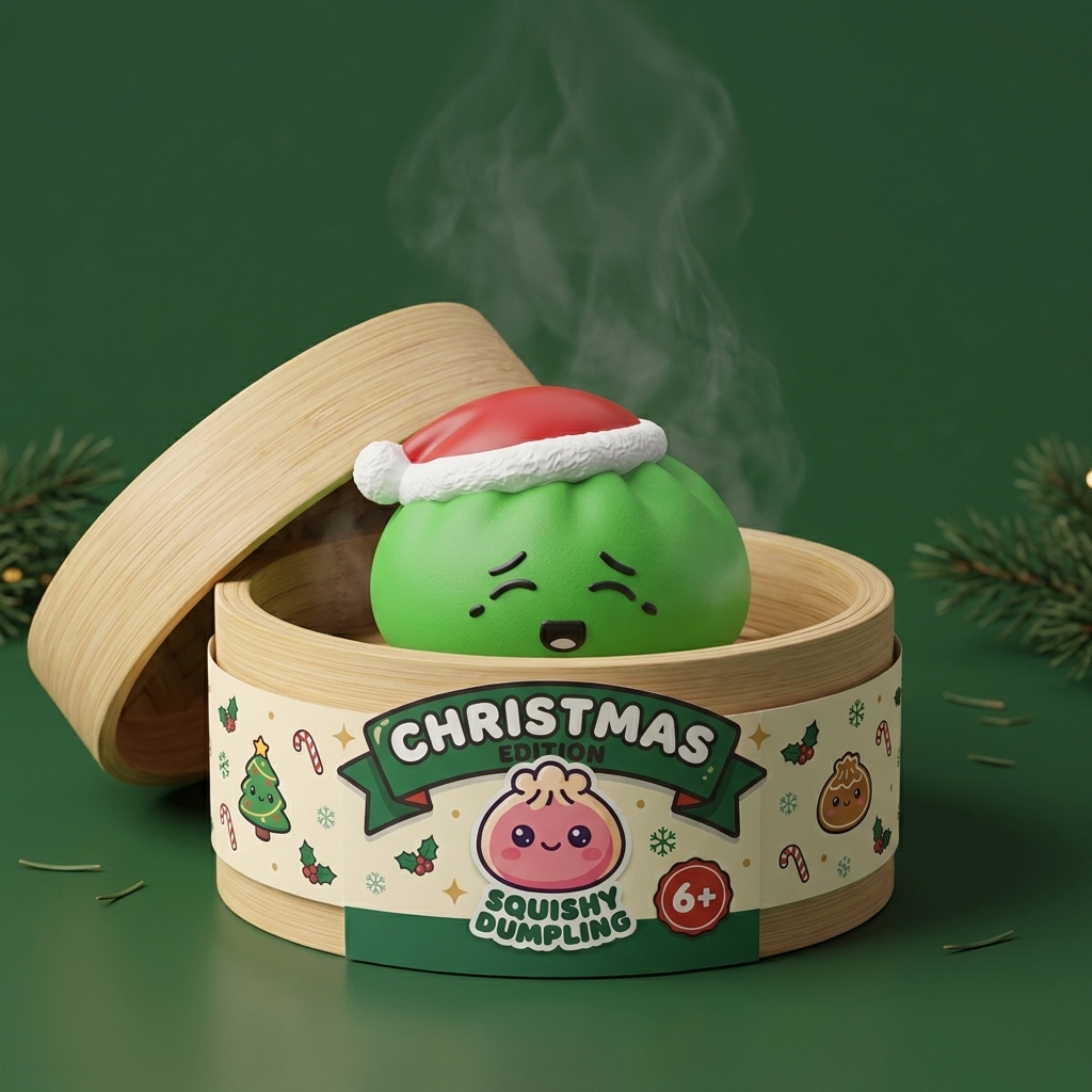 Elf Green Christmas Hat Dumpling Squishy in its bamboo steamer box