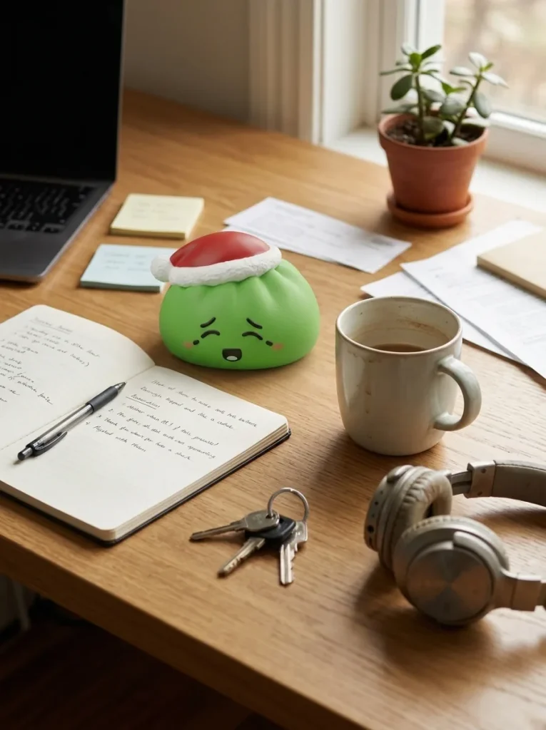 Elf Green Christmas Hat Dumpling Squishy on the desk