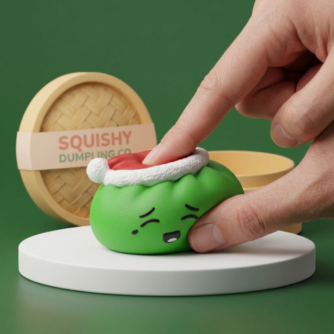 Elf Green Christmas Hat Dumpling Squishy being squeezed, soft slow-rise foam