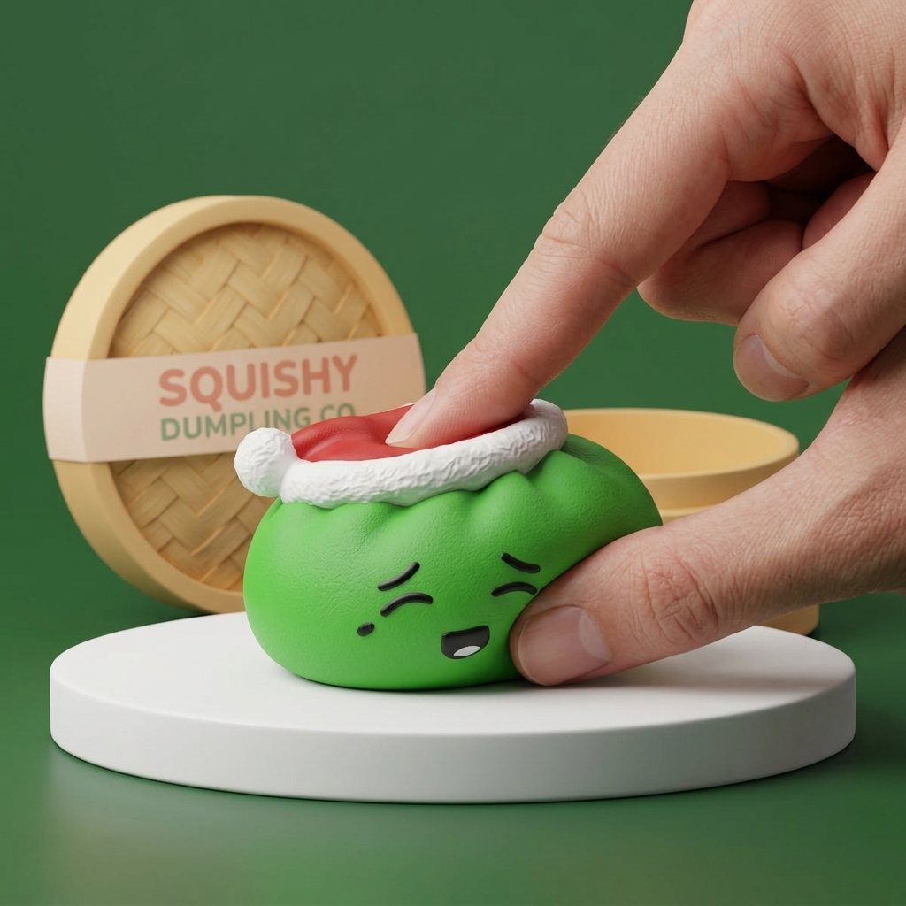 Elf Green Christmas Hat Dumpling Squishy being squeezed, soft slow-rise foam