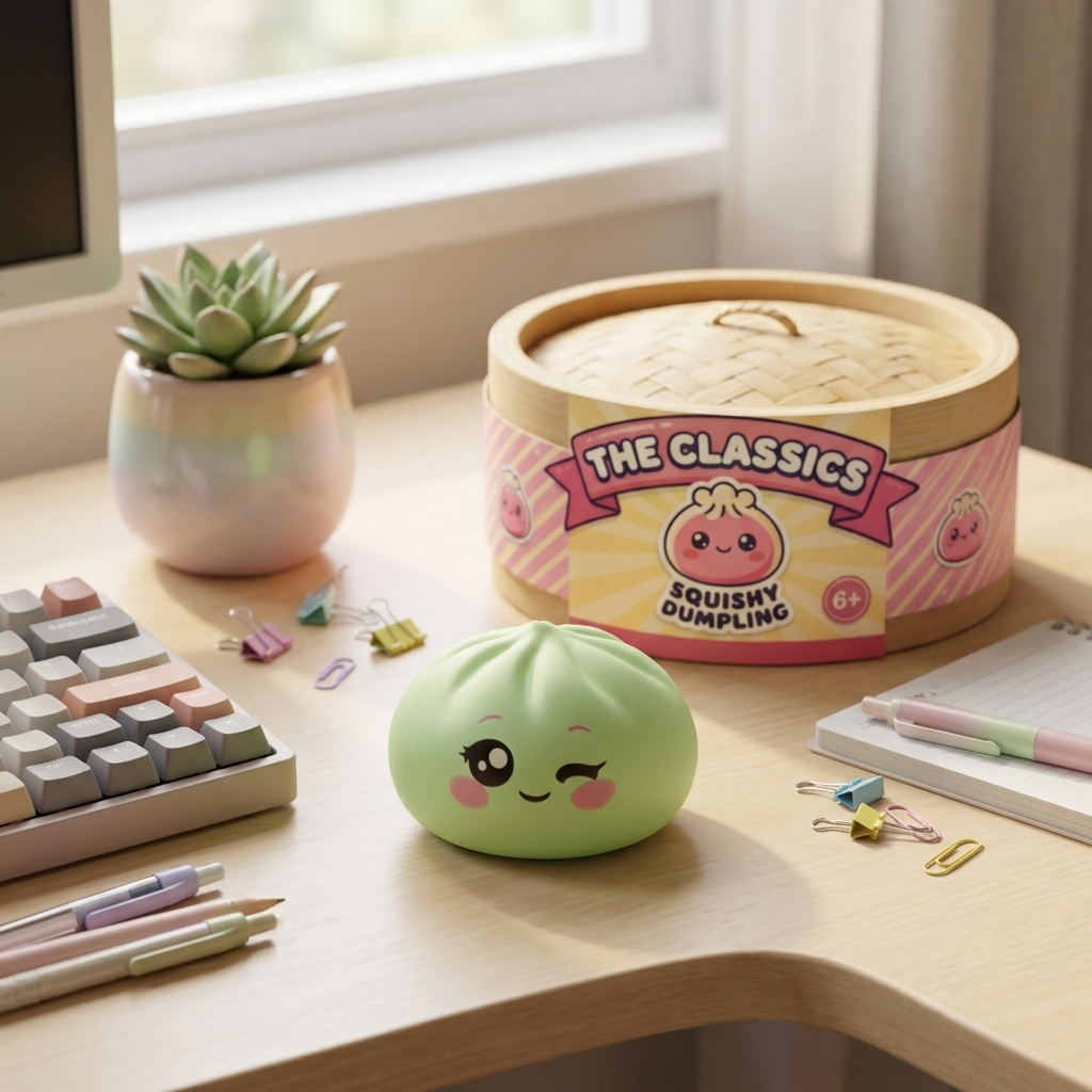 Pistachio Green Wink Dumpling Squishy in its kawaii setting