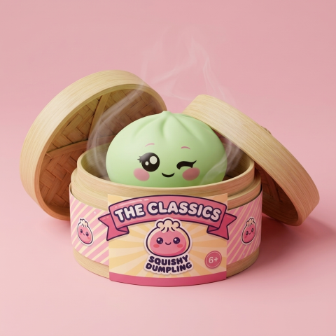 Pistachio Green Wink Dumpling Squishy in its bamboo steamer box