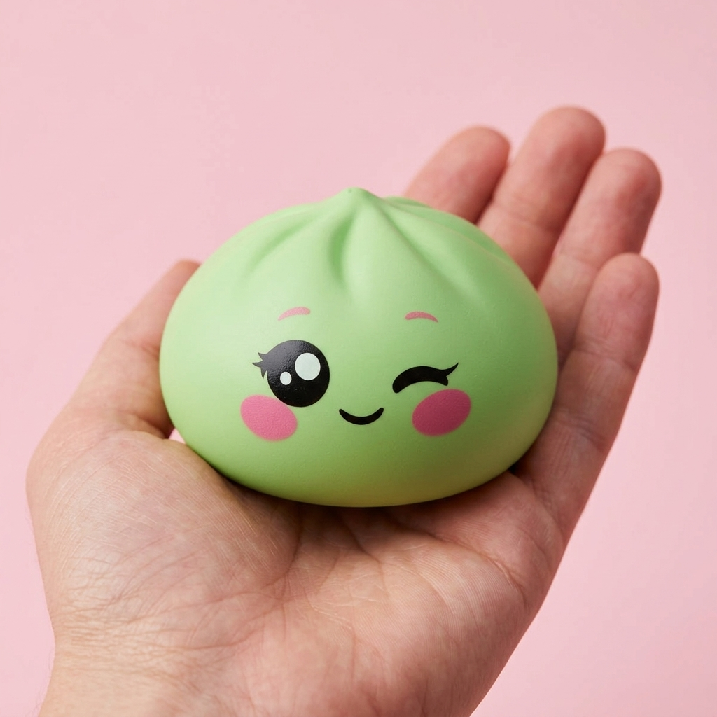 Pistachio Green Wink Dumpling Squishy held in hand, actual size