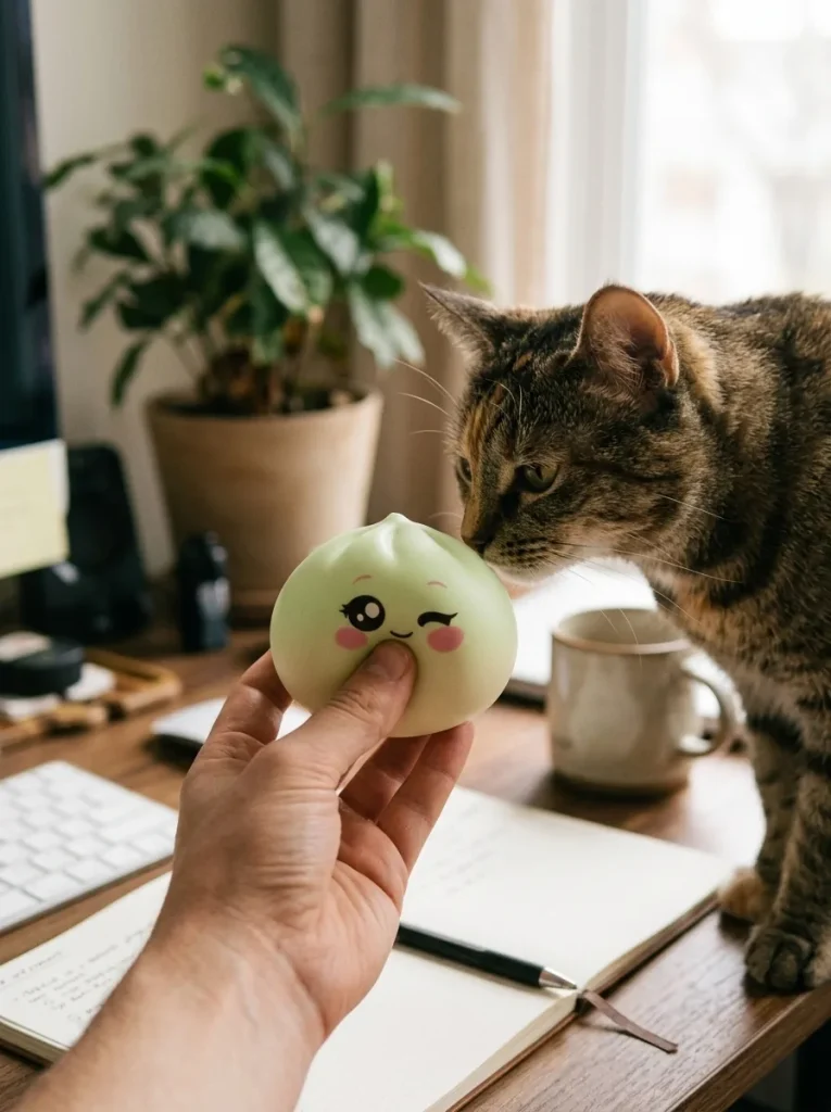 Pistachio Green Wink Dumpling Squishy with a plush friend