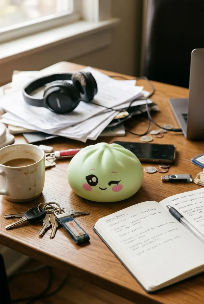 Pistachio Green Wink Dumpling Squishy on the desk